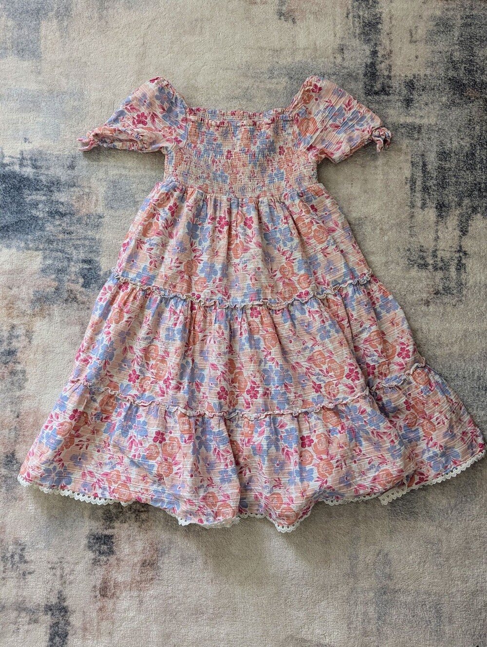 Isaac Mizrahi Girl's Pink and Blue Floral Smocked Tiered Dress Size 7